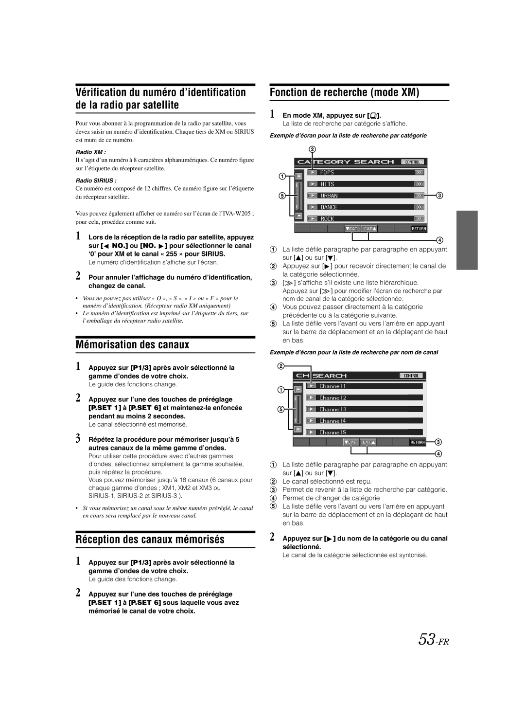 Alpine IVA-W205 owner manual Mémorisation des canaux, Réception des canaux mémorisés, Fonction de recherche mode XM, 53-FR 