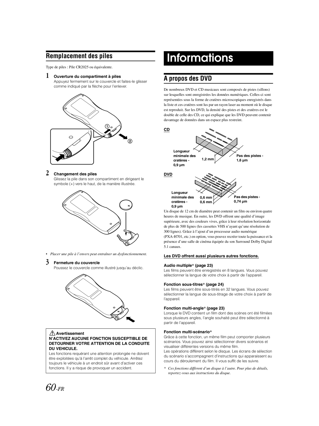 Alpine IVA-W205 owner manual Informations, Remplacement des piles, Propos des DVD, 60-FR 