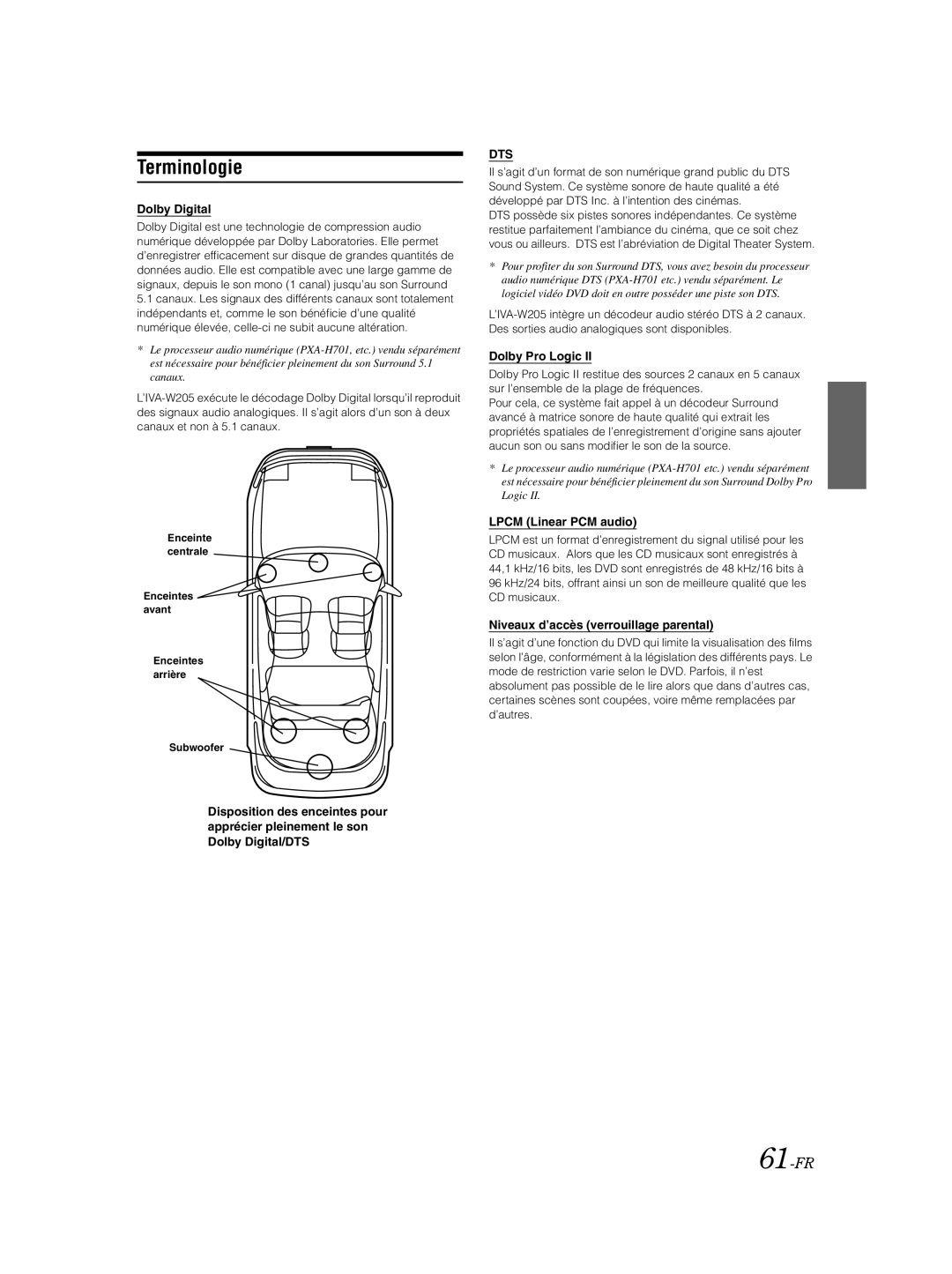 Alpine IVA-W205 owner manual Terminologie, 61-FR, Lpcm Linear PCM audio, Niveaux d’accès verrouillage parental 