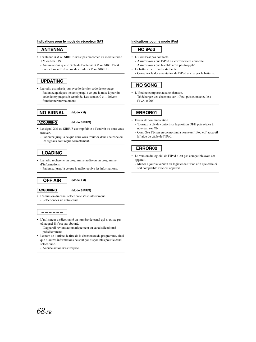 Alpine IVA-W205 owner manual 68-FR, Indications pour le mode du récepteur SAT 