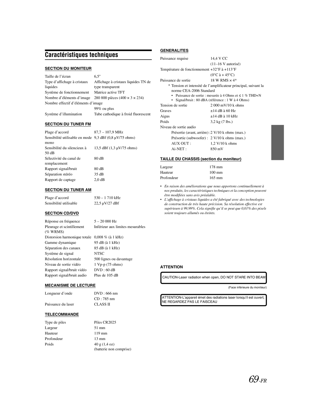 Alpine IVA-W205 owner manual Caractéristiques techniques, 69-FR 