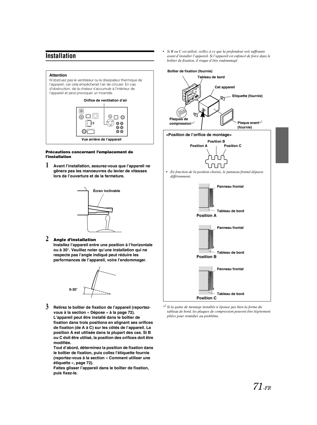 Alpine IVA-W205 owner manual 71-FR, Angle d’installation, Position de l’orifice de montage 