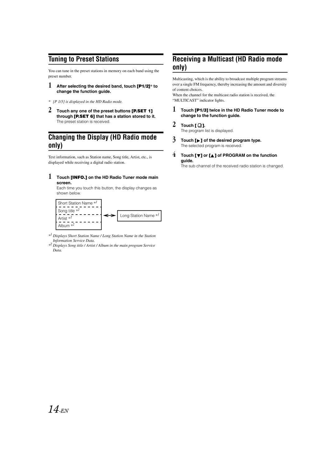 Alpine IVA-W205 owner manual Tuning to Preset Stations, Changing the Display HD Radio mode only, 14-EN 