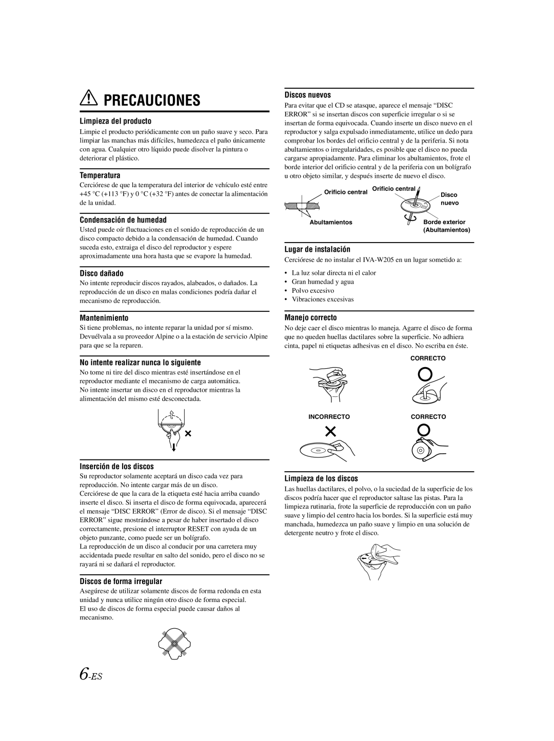 Alpine IVA-W205 owner manual Precauciones 