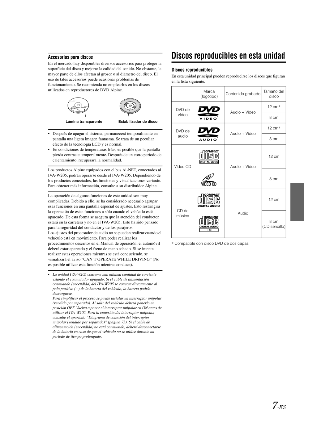 Alpine IVA-W205 Contenido grabado, Disco, DVD de Audio + Vídeo, DVD de 12 cm Audio + Vídeo, Audio 12 cm, CD de 12 cm Audio 