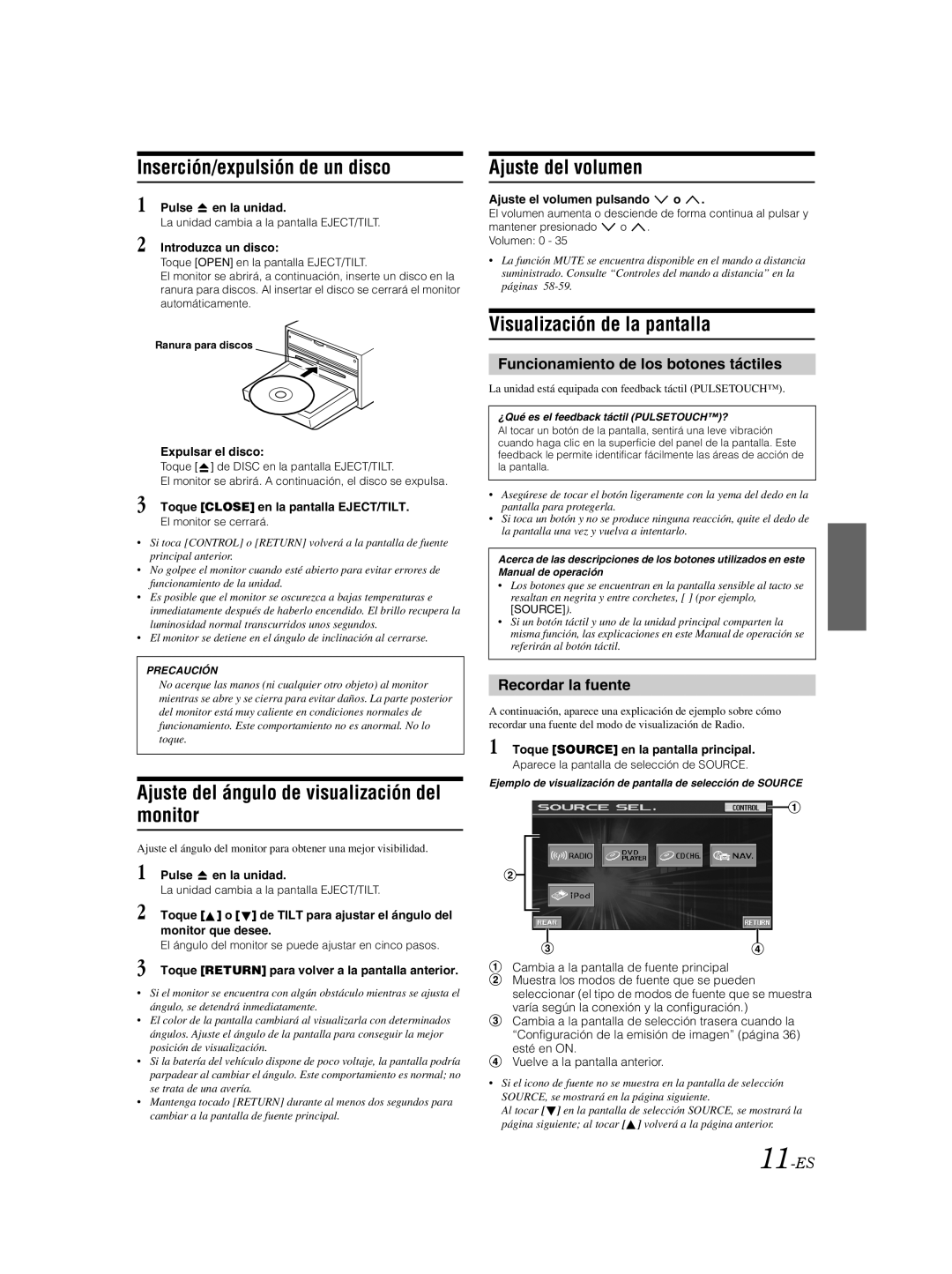 Alpine IVA-W205 Inserción/expulsión de un disco, Ajuste del ángulo de visualización del monitor, Ajuste del volumen 