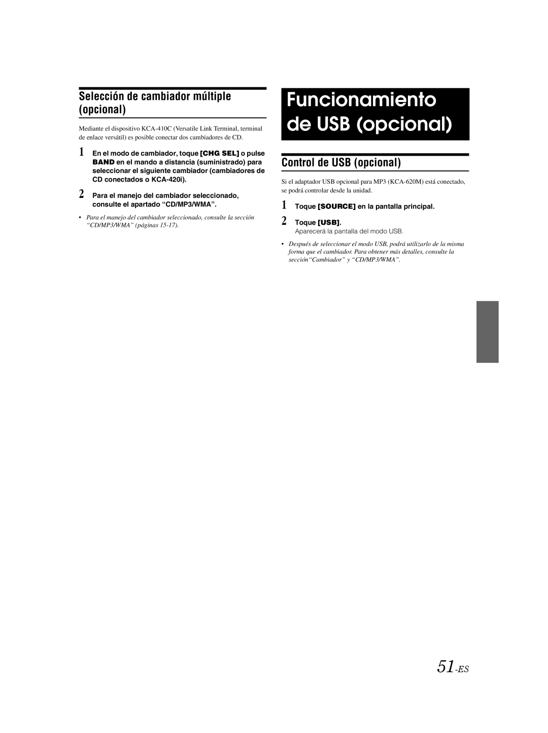 Alpine IVA-W205 Funcionamiento de USB opcional, Selección de cambiador múltiple opcional, Control de USB opcional, 51-ES 