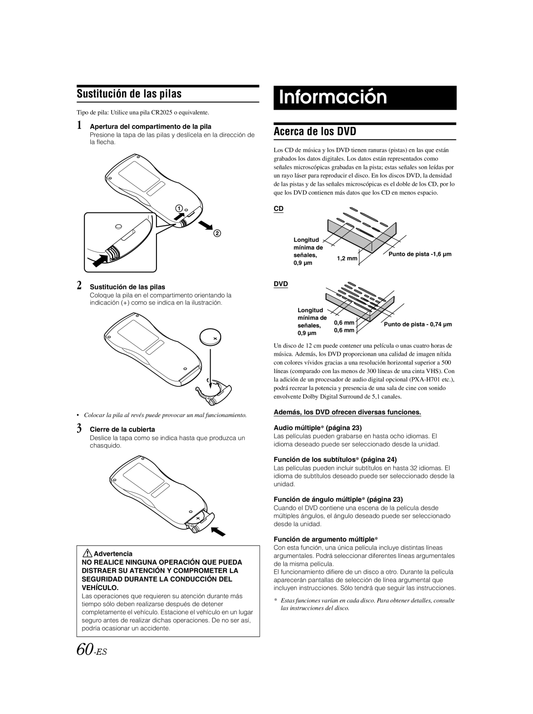 Alpine IVA-W205 owner manual Información, Sustitución de las pilas, Acerca de los DVD, 60-ES 