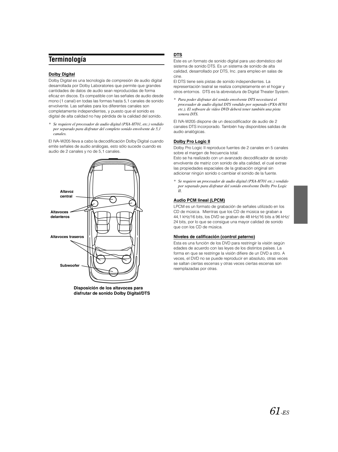 Alpine IVA-W205 owner manual Terminología, 61-ES, Audio PCM lineal Lpcm, Niveles de calificación control paterno 