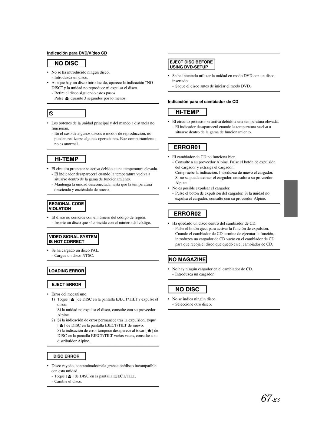 Alpine IVA-W205 owner manual 67-ES, Indicación para DVD/Vídeo CD, Indicación para el cambiador de CD 