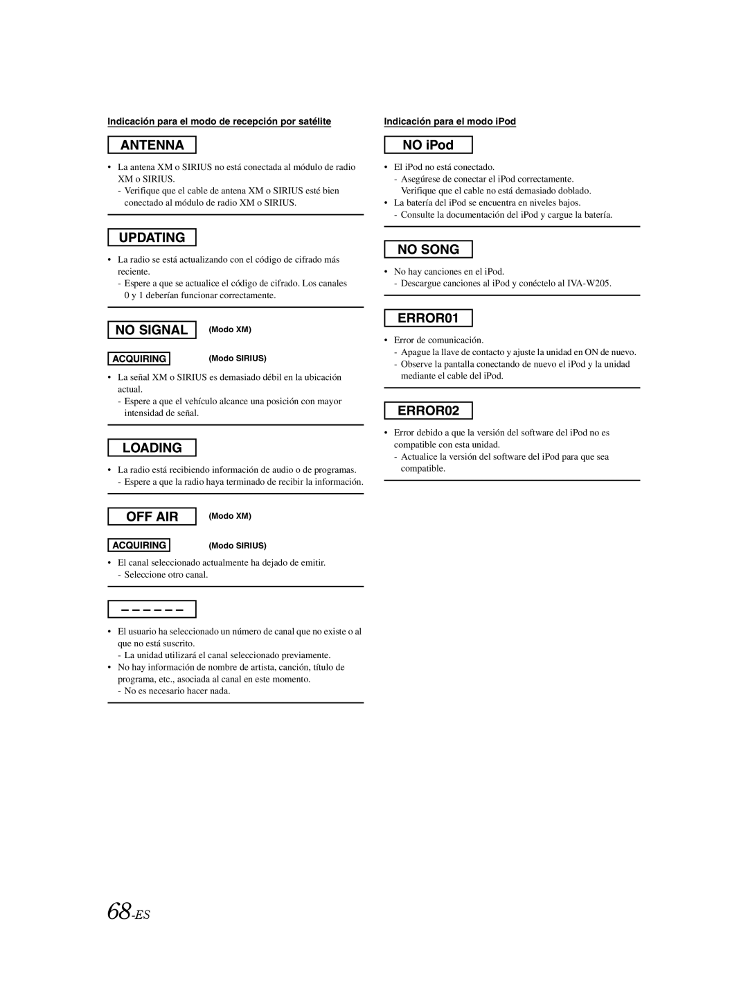 Alpine IVA-W205 owner manual 68-ES, Indicación para el modo de recepción por satélite 