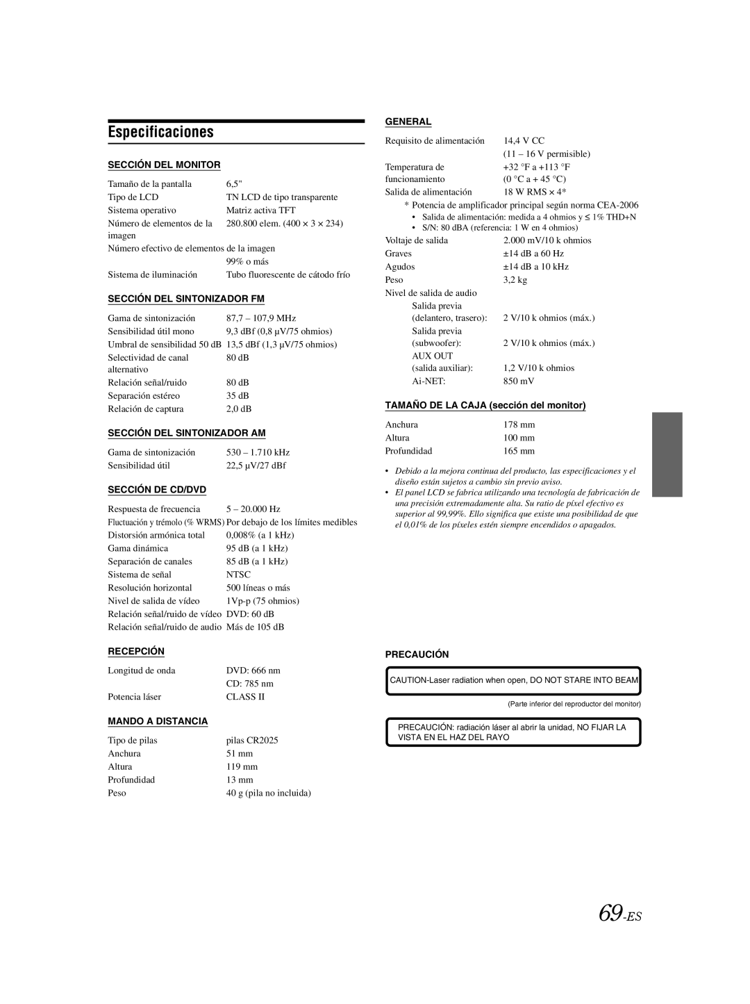 Alpine IVA-W205 owner manual Especificaciones, 69-ES 