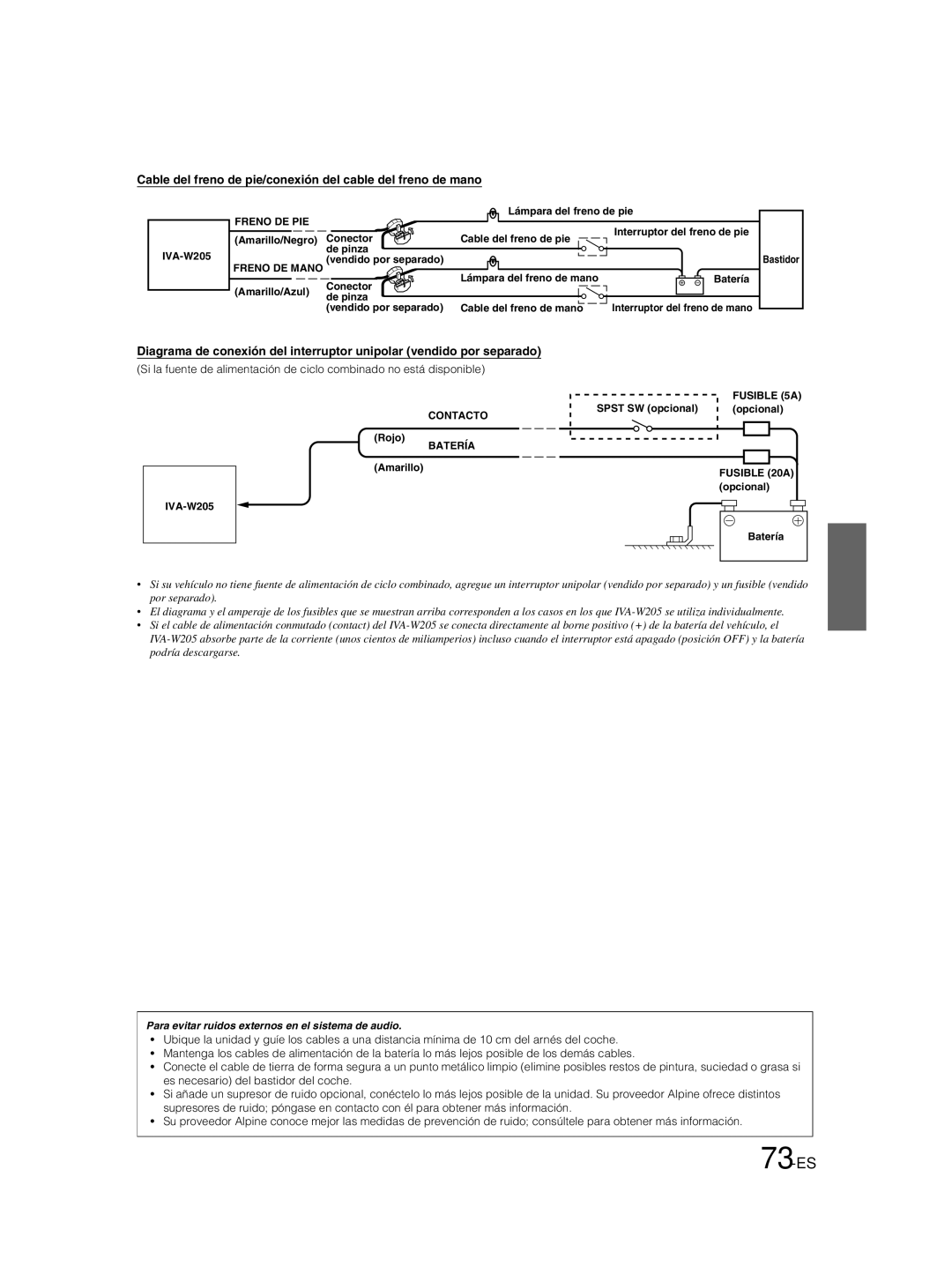 Alpine IVA-W205 owner manual 73-ES, Cable del freno de pie/conexión del cable del freno de mano 