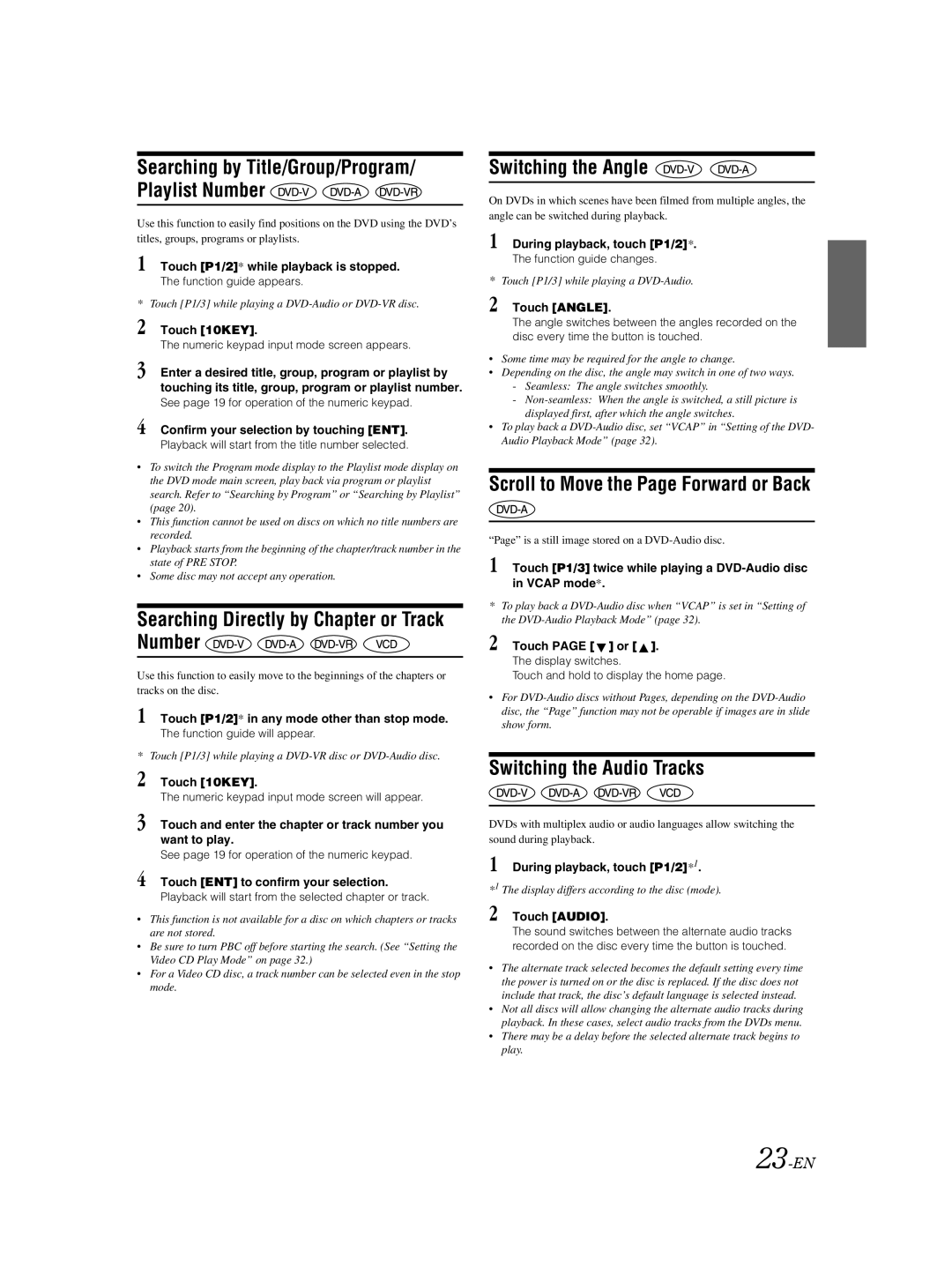 Alpine IVA-W205 owner manual Switching the Angle, Scroll to Move the Page Forward or Back, Switching the Audio Tracks 