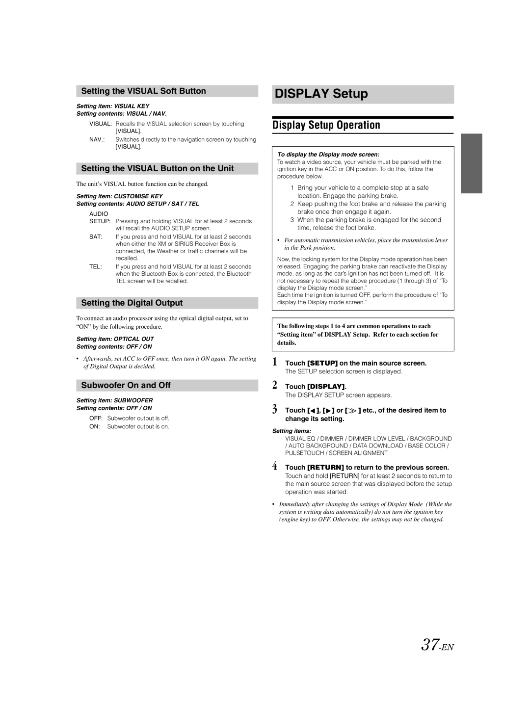 Alpine IVA-W205 owner manual Display Setup Operation 