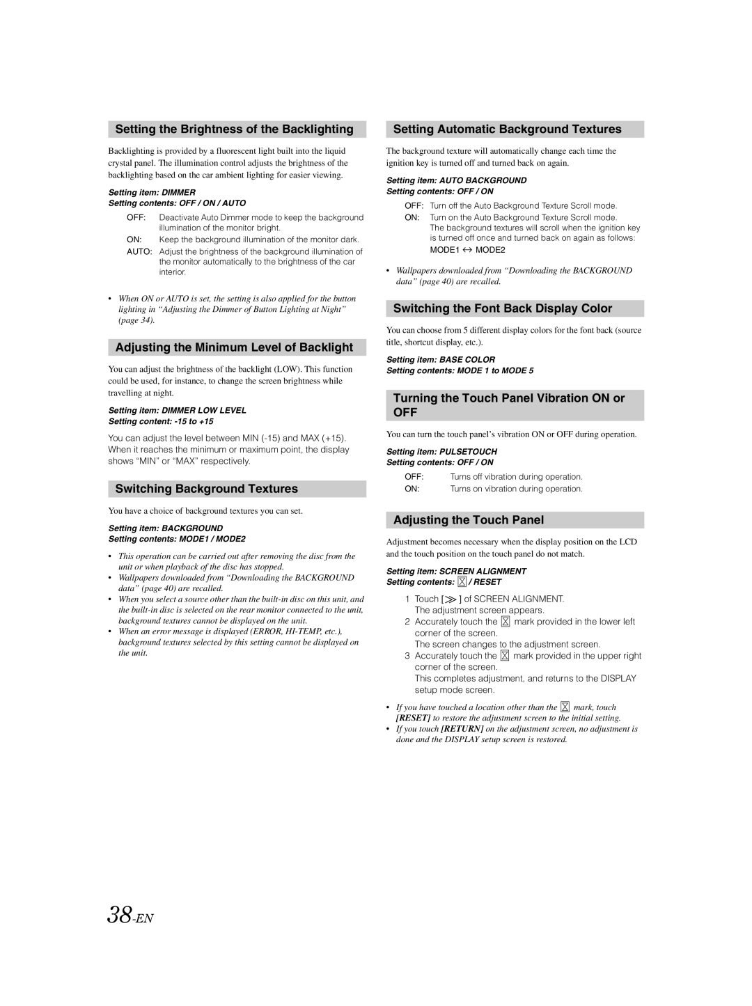 Alpine IVA-W205 owner manual Setting the Brightness of the Backlighting, Adjusting the Minimum Level of Backlight 