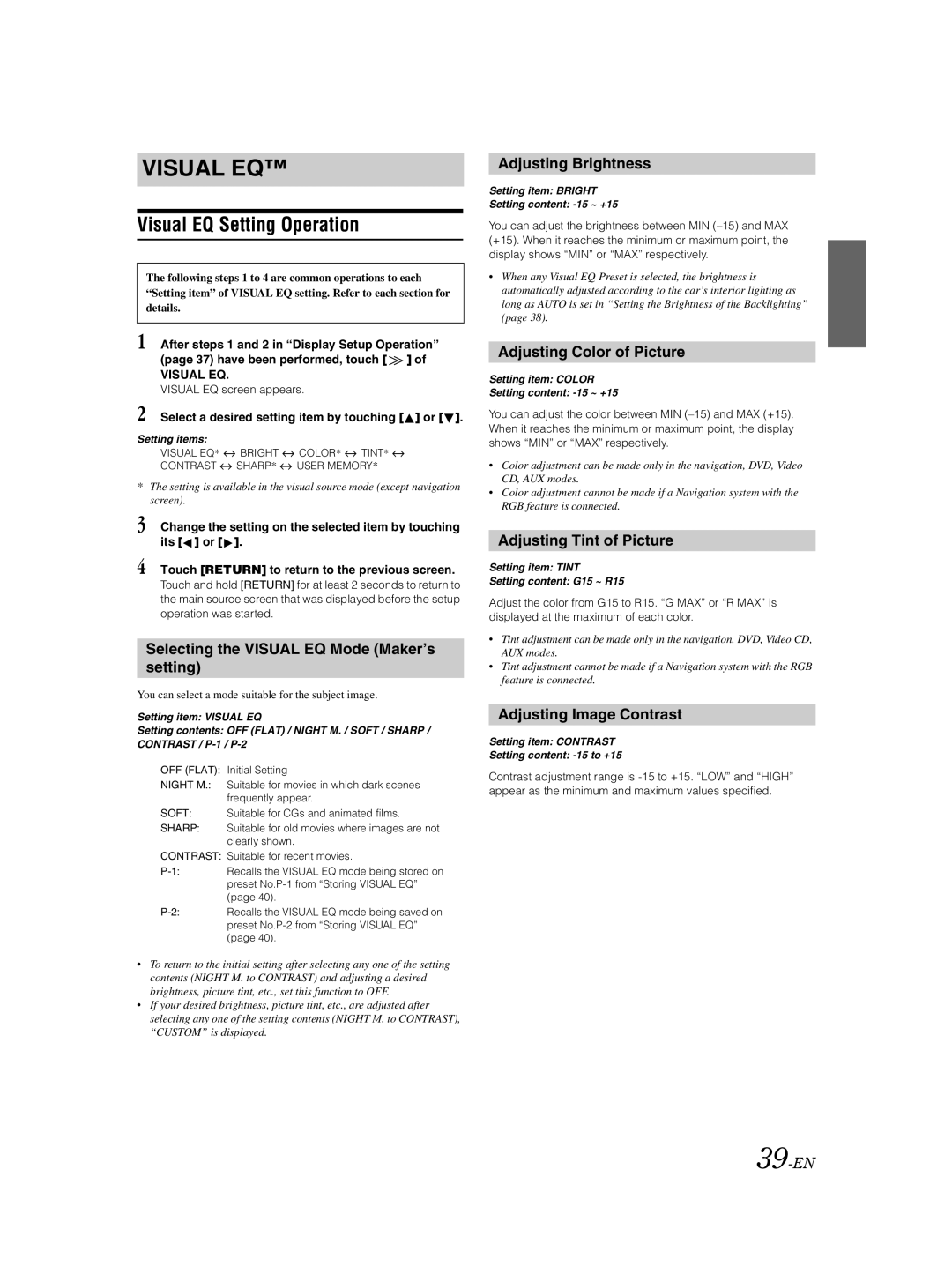 Alpine IVA-W205 owner manual Visual EQ Setting Operation 