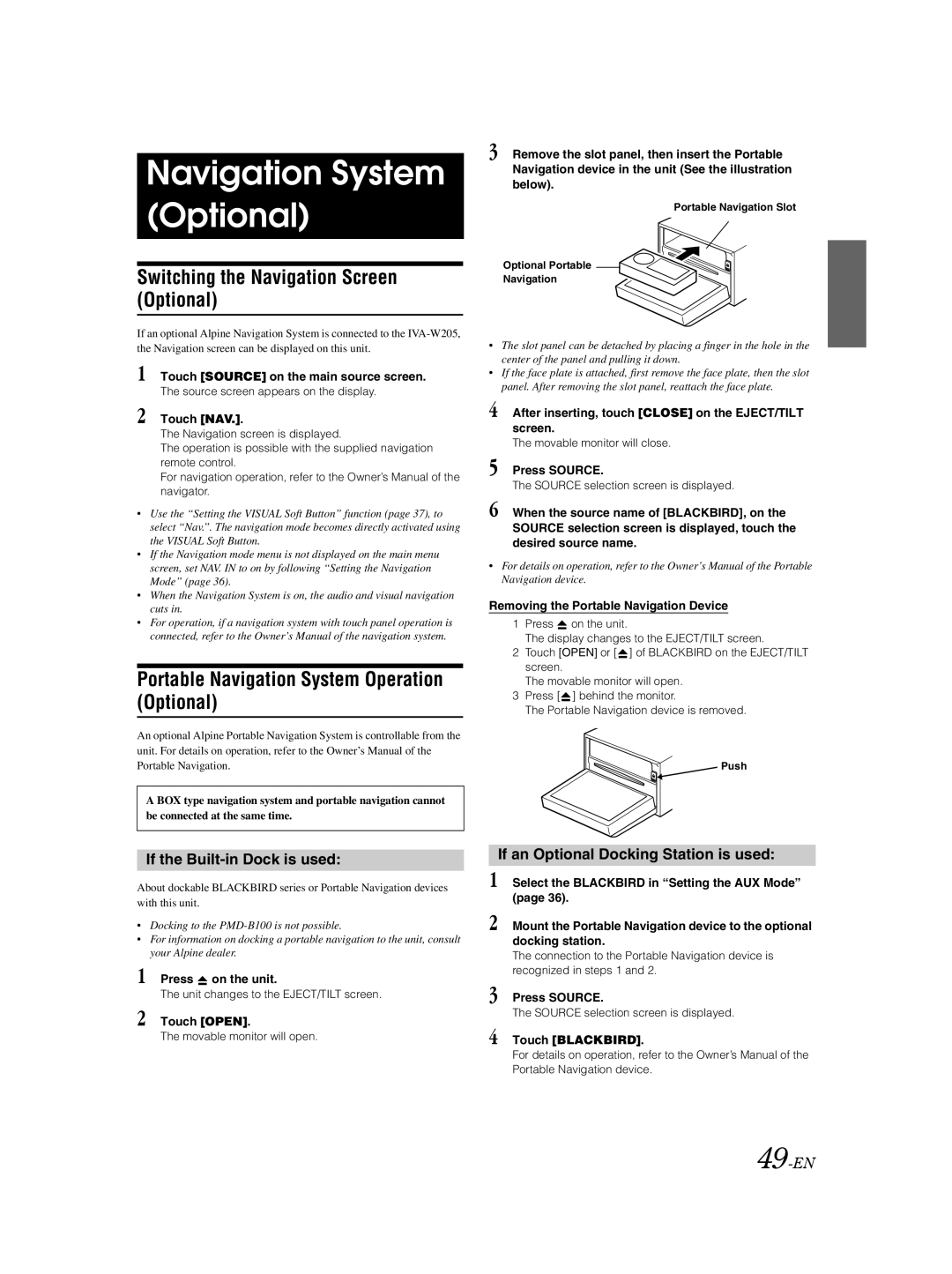 Alpine IVA-W205 Navigation System Optional, Switching the Navigation Screen Optional, If the Built-in Dock is used 