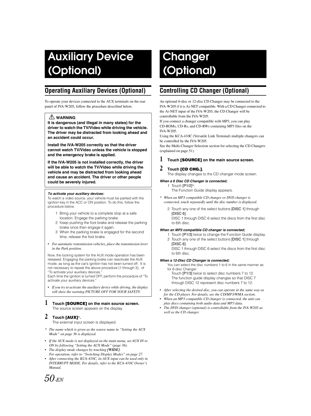 Alpine IVA-W205 owner manual Auxiliary Device Optional, Changer Optional, Operating Auxiliary Devices Optional, 50-EN 