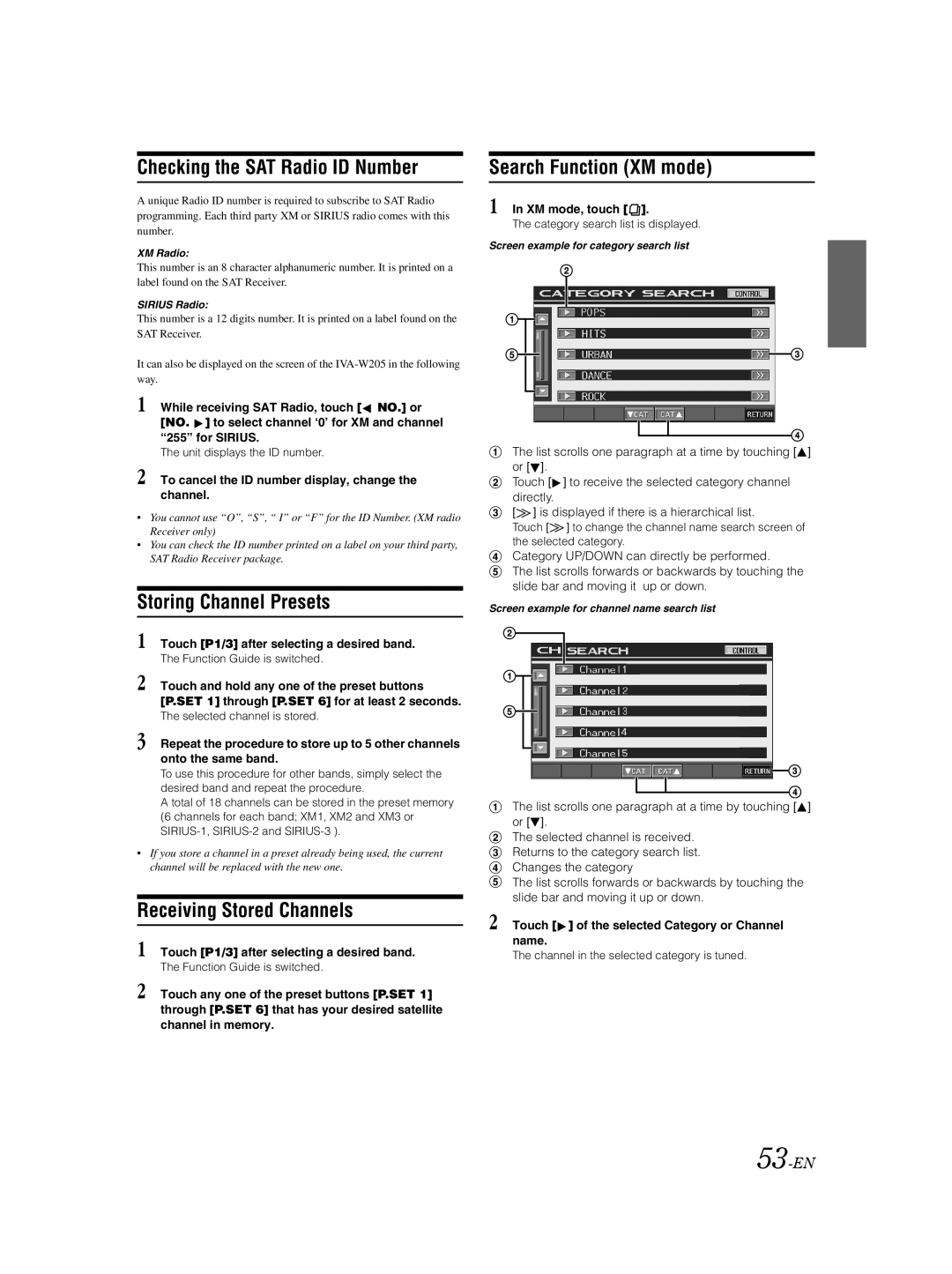 Alpine IVA-W205 owner manual Checking the SAT Radio ID Number, Storing Channel Presets, Receiving Stored Channels, 53-EN 