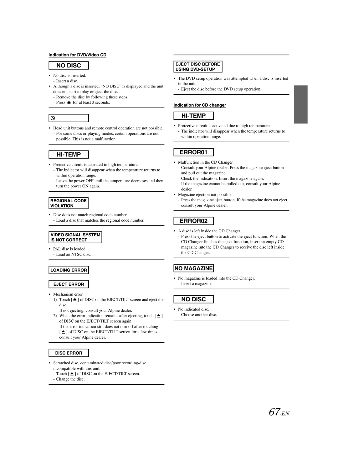 Alpine IVA-W205 owner manual 67-EN, Indication for DVD/Video CD, Indication for CD changer 