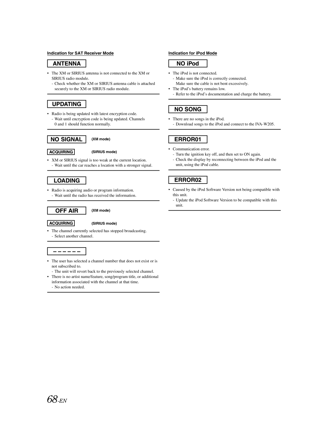 Alpine IVA-W205 owner manual 68-EN, Indication for SAT Receiver Mode 