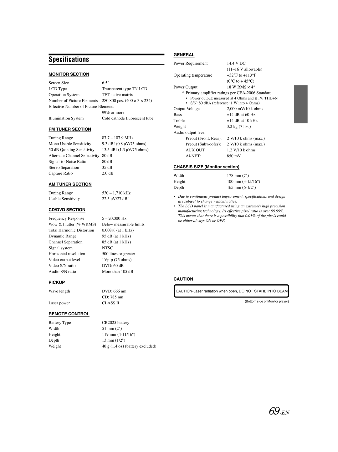 Alpine IVA-W205 owner manual Specifications, 69-EN 