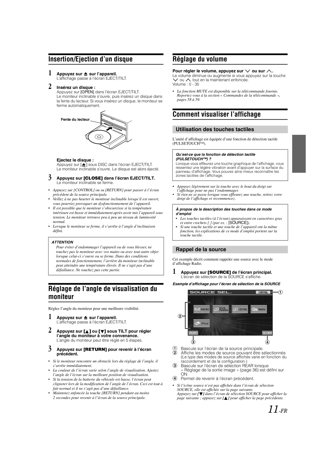 Alpine IVA-W205 Insertion/Ejection d’un disque, Réglage de l’angle de visualisation du moniteur, Réglage du volume 