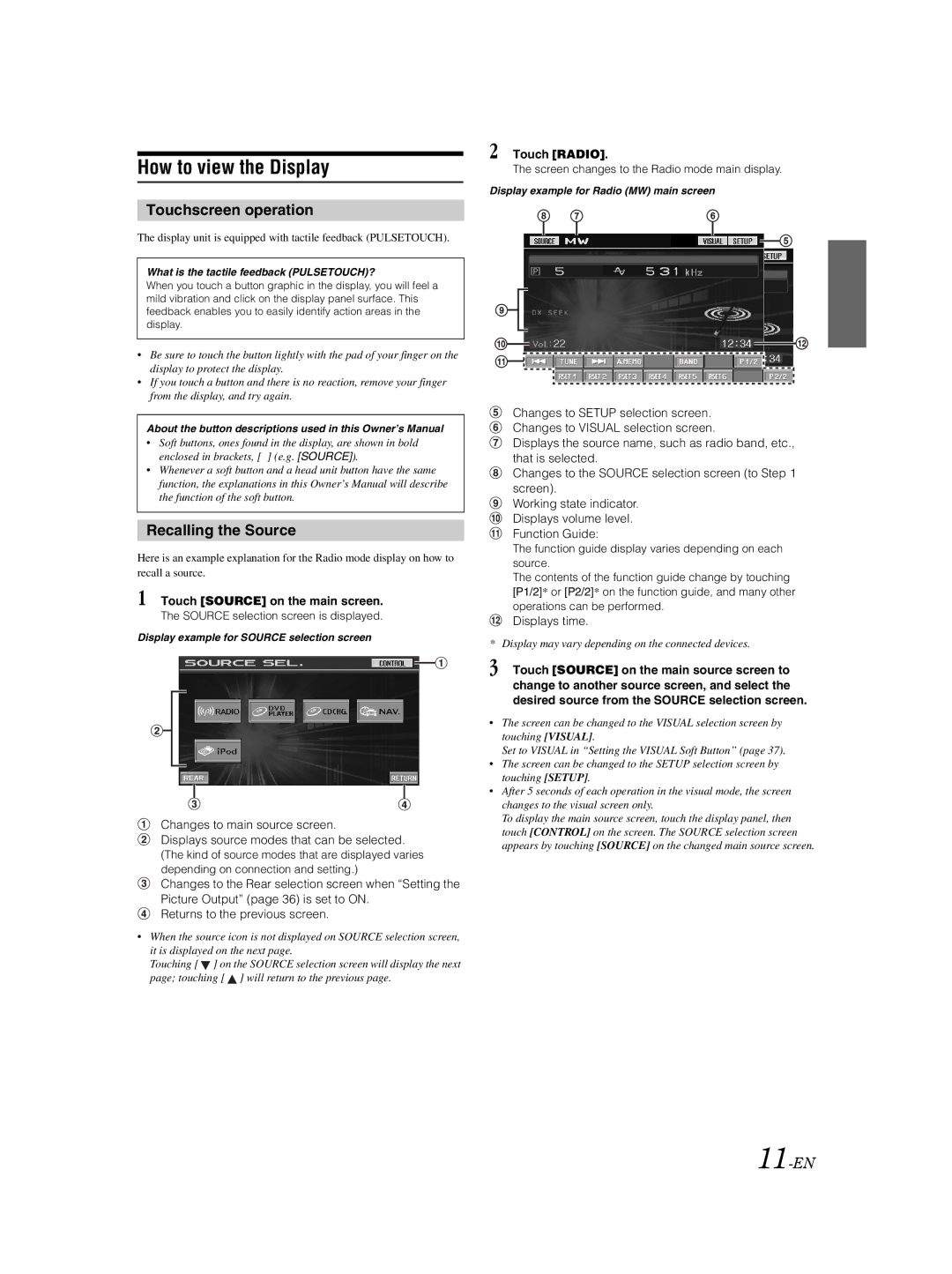 Alpine IVA-W205R, IVA-W202R owner manual How to view the Display, Touchscreen operation, Recalling the Source, 11-EN 