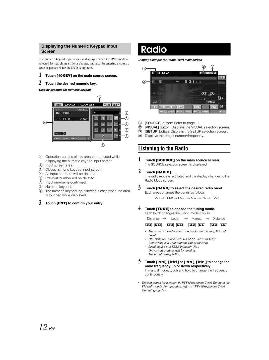 Alpine IVA-W202R, IVA-W205R owner manual Listening to the Radio, Displaying the Numeric Keypad Input Screen, 12-EN 