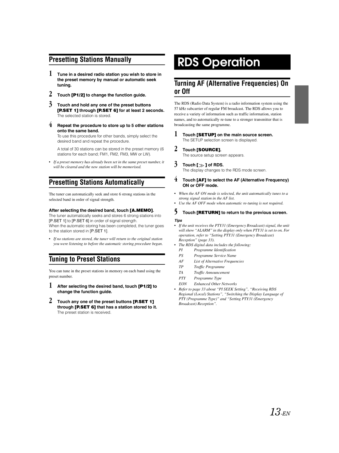 Alpine IVA-W205R RDS Operation, Presetting Stations Manually, Presetting Stations Automatically, Tuning to Preset Stations 