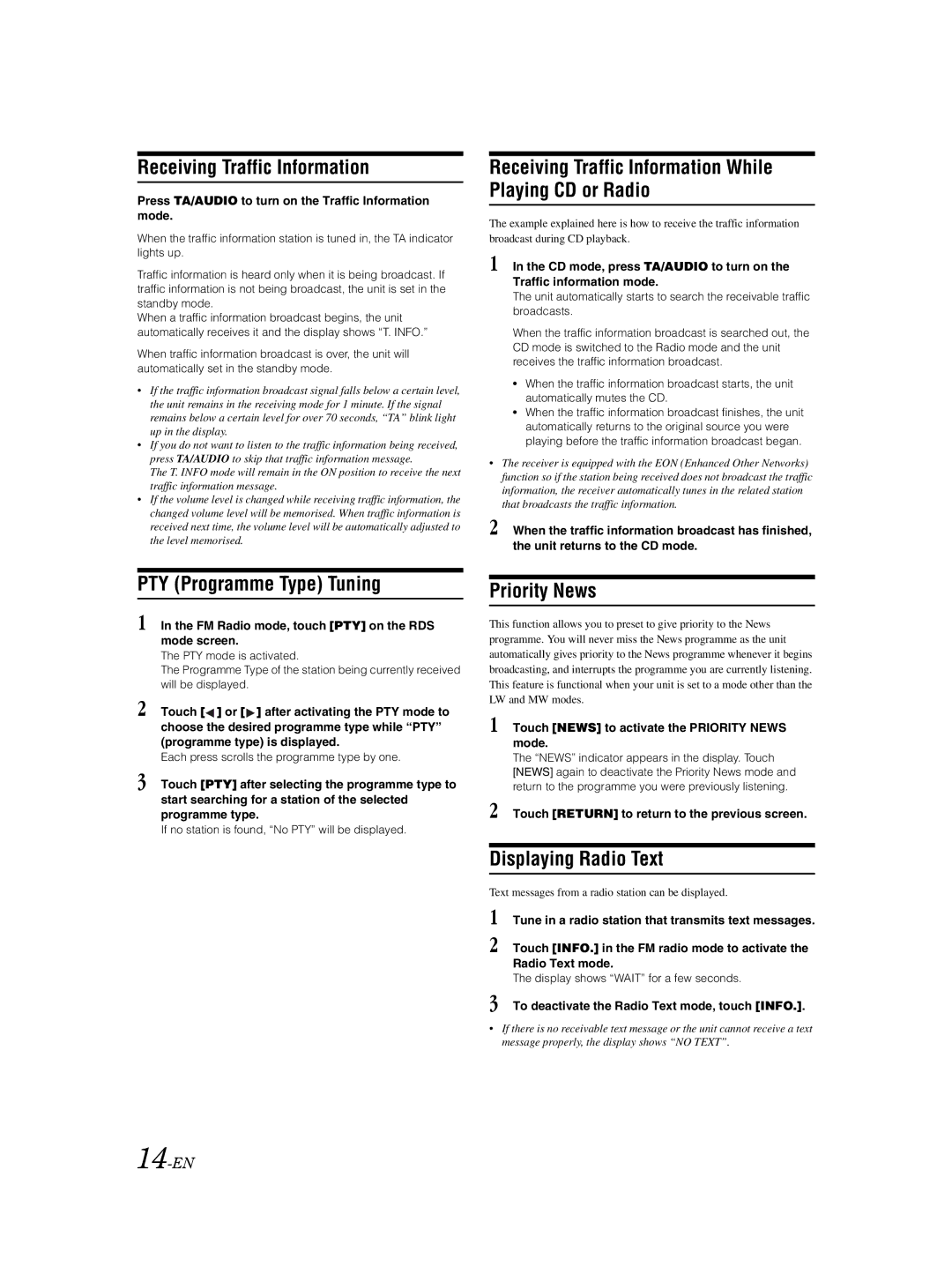 Alpine IVA-W202R, IVA-W205R Receiving Traffic Information, PTY Programme Type Tuning, Priority News, Displaying Radio Text 