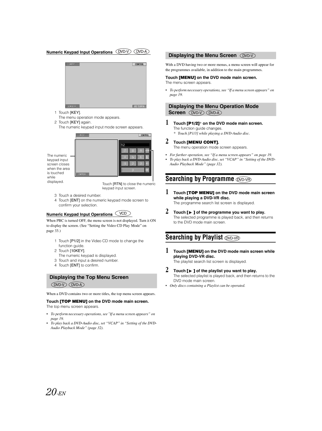 Alpine IVA-W202R Searching by Programme, Searching by Playlist, Displaying the Top Menu Screen, Displaying the Menu Screen 