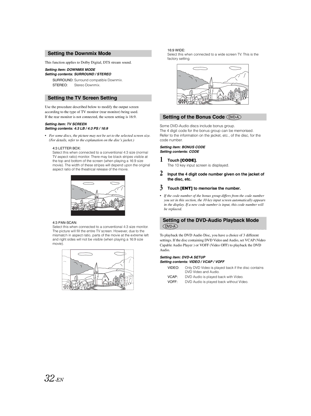 Alpine IVA-W202R, IVA-W205R Setting the Downmix Mode, Setting the TV Screen Setting, Setting of the Bonus Code, 32-EN 