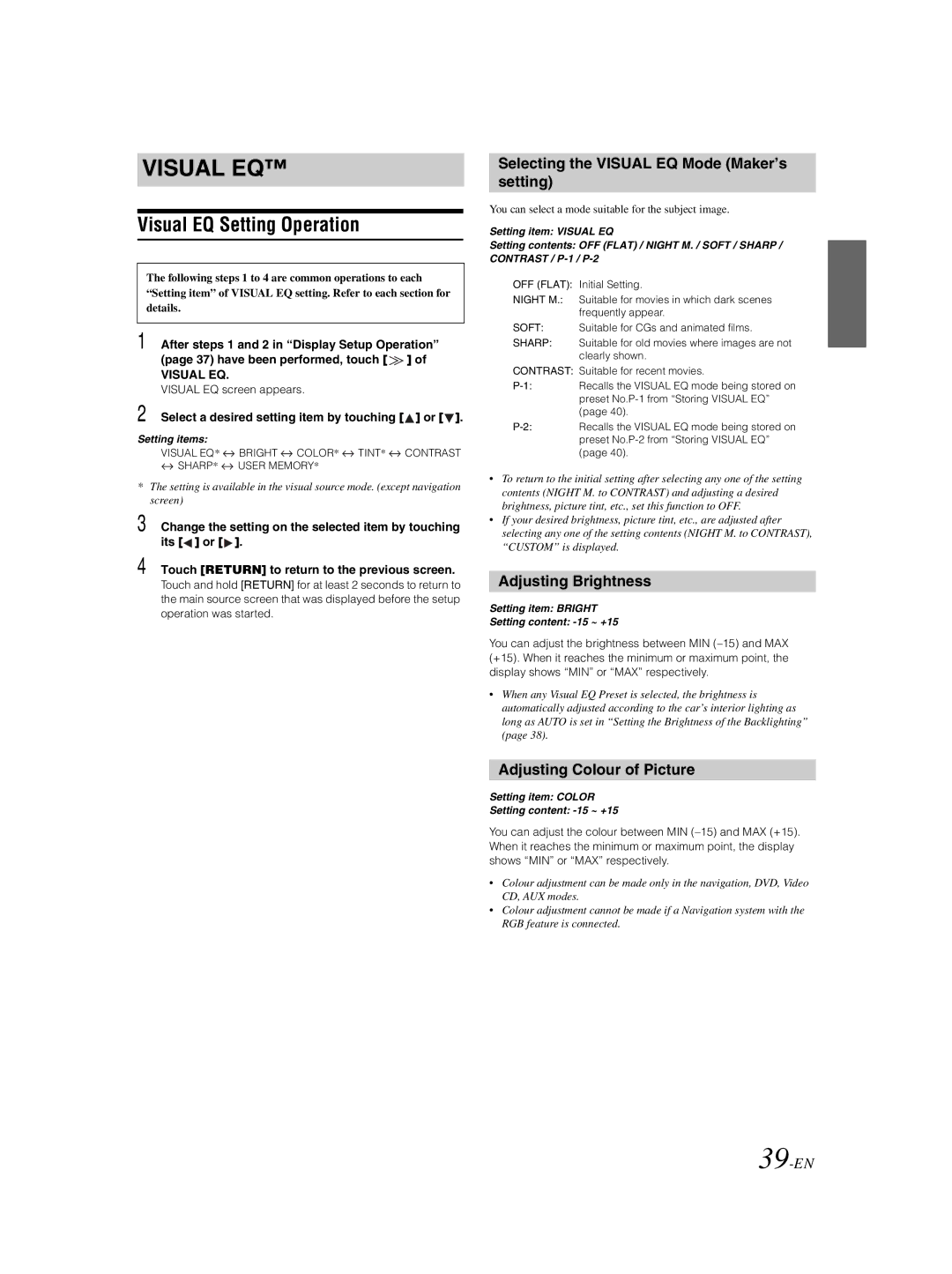 Alpine IVA-W205R Visual EQ Setting Operation, Selecting the Visual EQ Mode Maker’s setting, Adjusting Brightness, 39-EN 