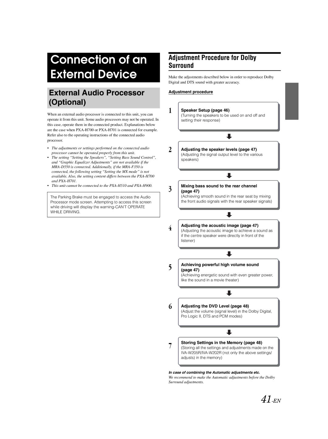 Alpine IVA-W205R, IVA-W202R owner manual Connection of an External Device, Adjustment Procedure for Dolby Surround, 41-EN 