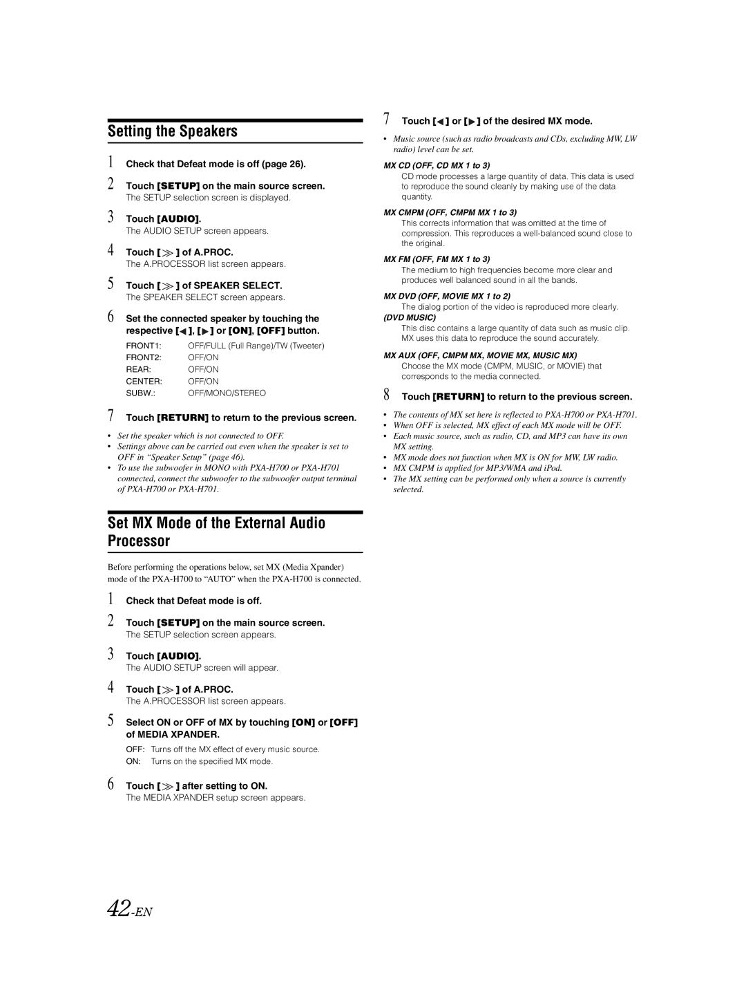 Alpine IVA-W202R, IVA-W205R owner manual Setting the Speakers, Set MX Mode of the External Audio Processor, 42-EN 