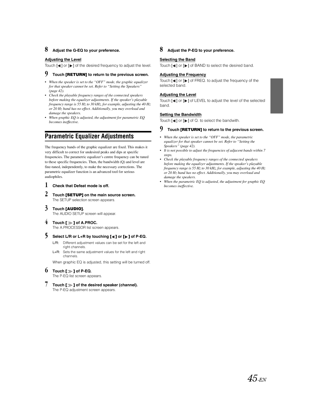 Alpine IVA-W205R, IVA-W202R owner manual Parametric Equalizer Adjustments, 45-EN 