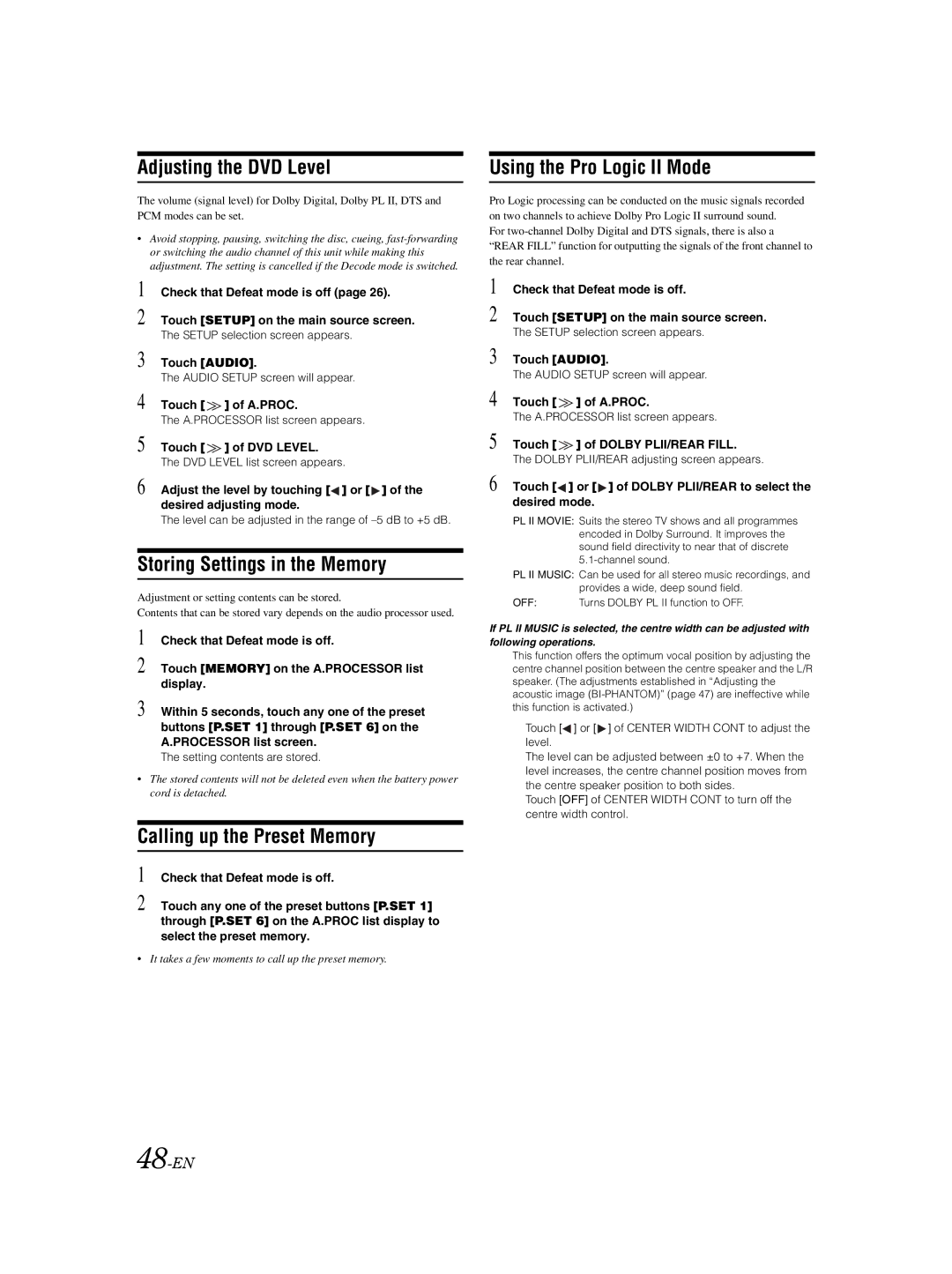 Alpine IVA-W202R, IVA-W205R Adjusting the DVD Level, Storing Settings in the Memory, Calling up the Preset Memory, 48-EN 