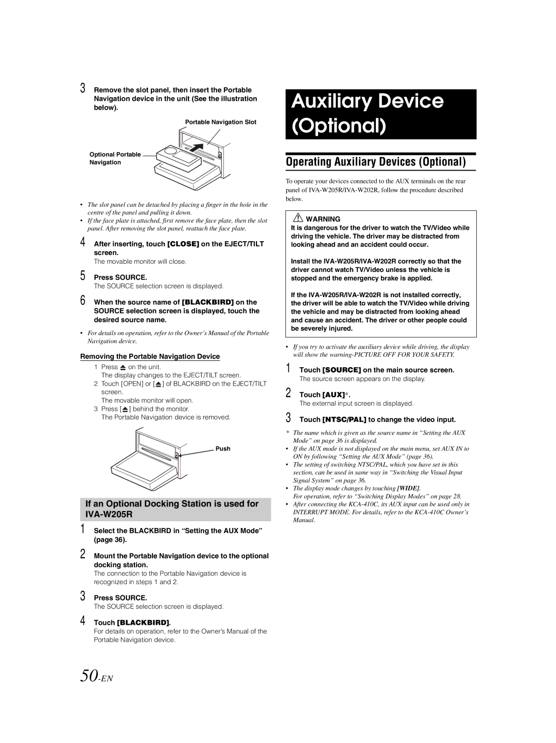 Alpine IVA-W202R, IVA-W205R owner manual Auxiliary Device Optional, Operating Auxiliary Devices Optional, 50-EN 