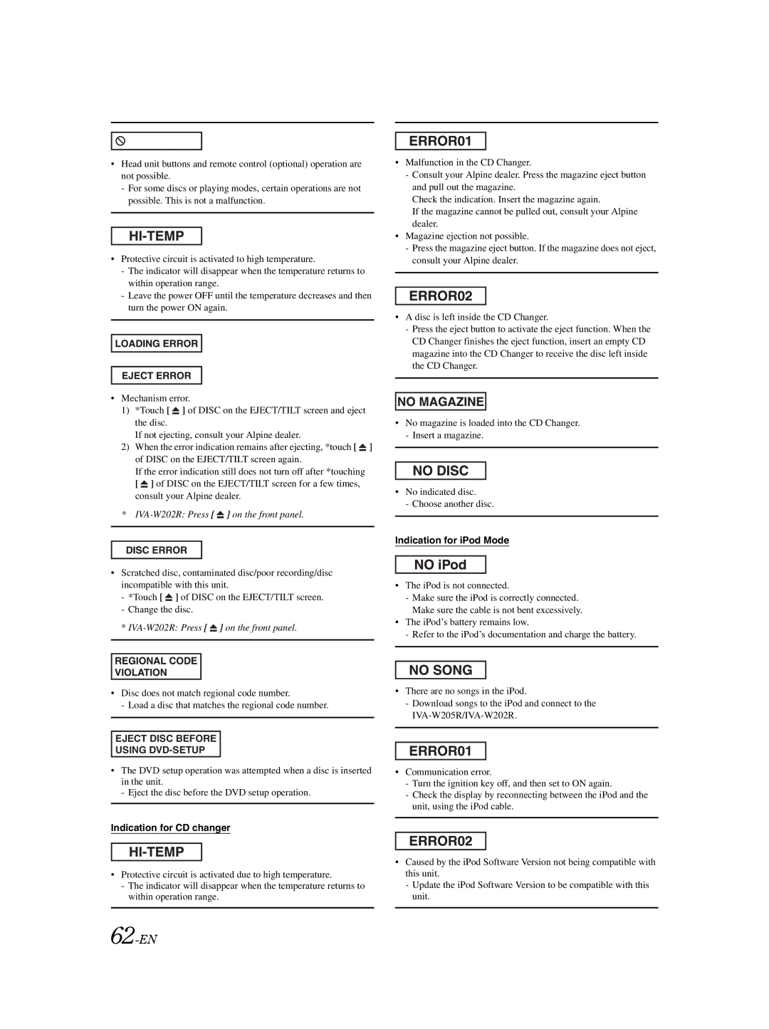 Alpine IVA-W202R, IVA-W205R owner manual 62-EN, Indication for CD changer, Indication for iPod Mode 