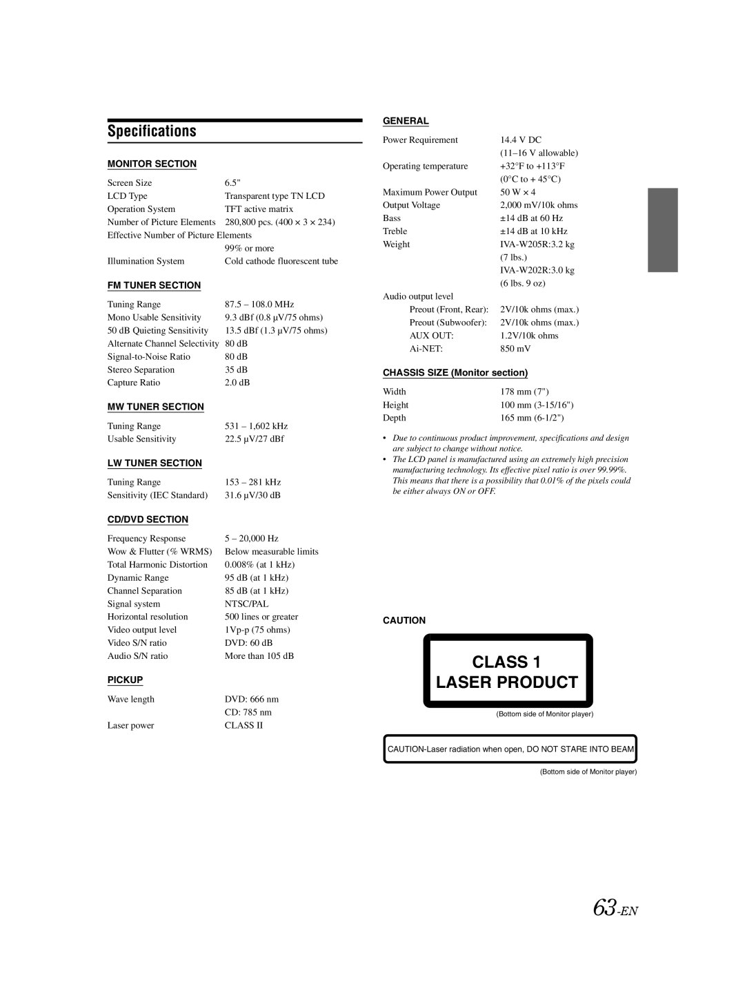 Alpine IVA-W205R, IVA-W202R owner manual Specifications, 63-EN, Chassis Size Monitor section 