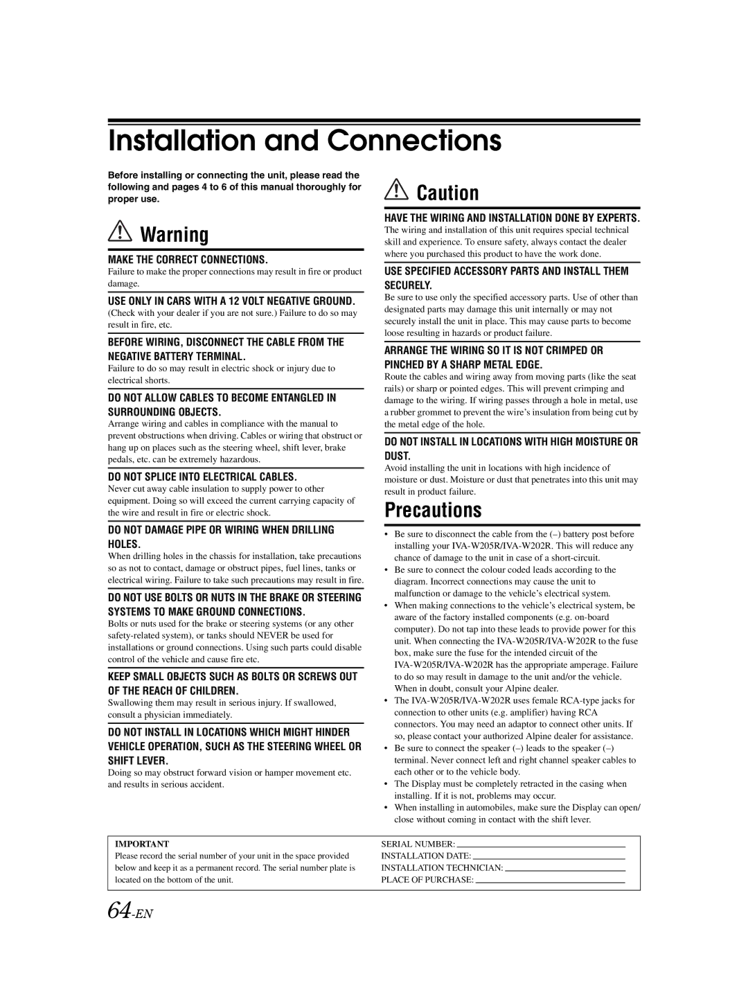 Alpine IVA-W202R, IVA-W205R owner manual Installation and Connections, 64-EN 