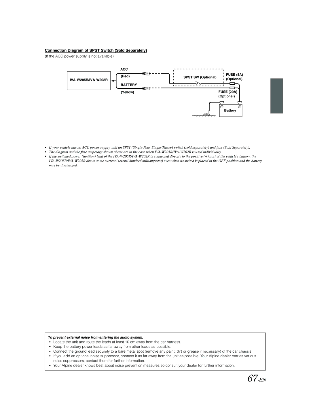 Alpine IVA-W205R 67-EN, Connection Diagram of Spst Switch Sold Separately, If the ACC power supply is not available 