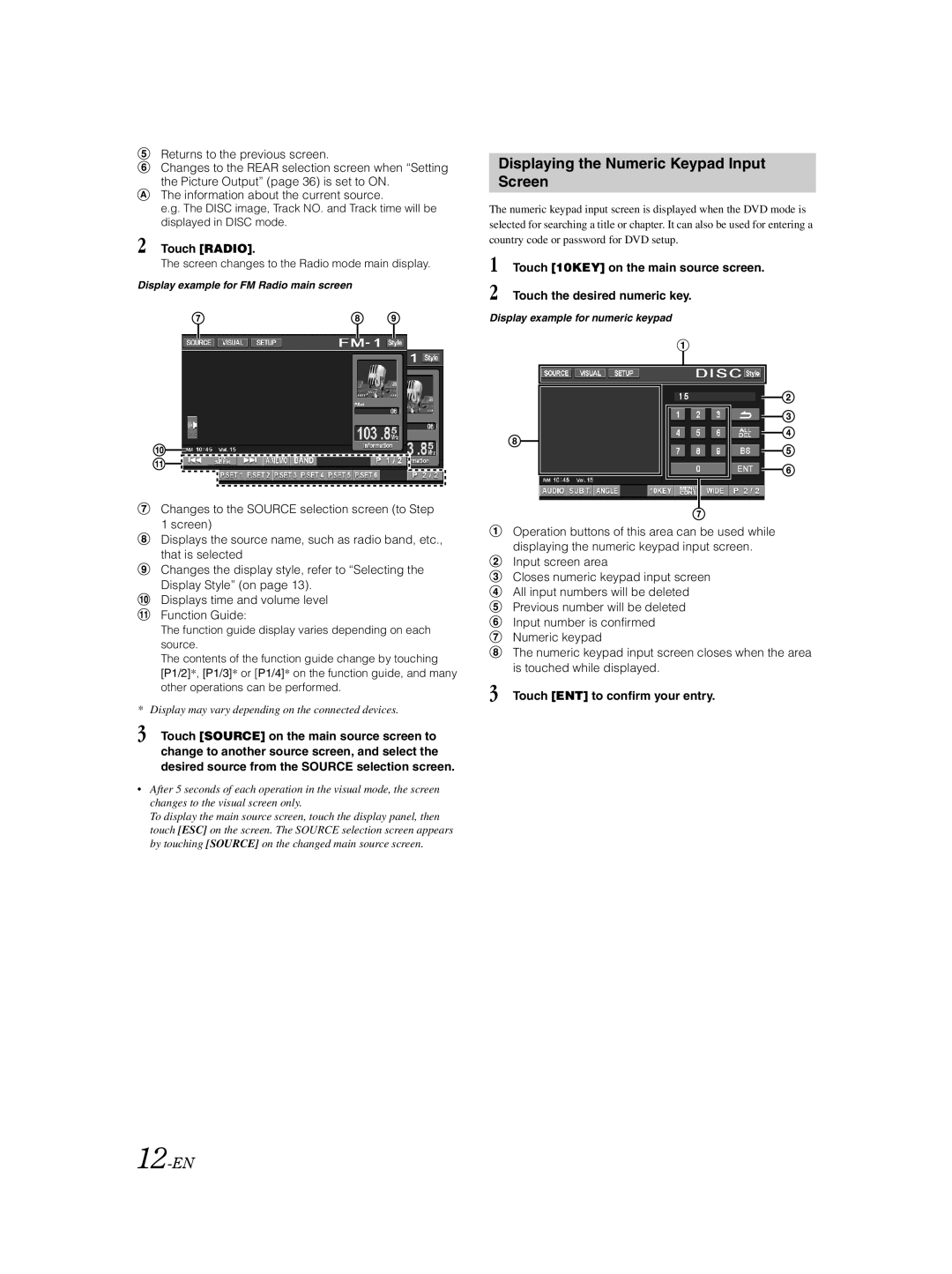 Alpine IVA-W502E Displaying the Numeric Keypad Input Screen, 12-EN, Touch Radio, Touch ENT to confirm your entry 