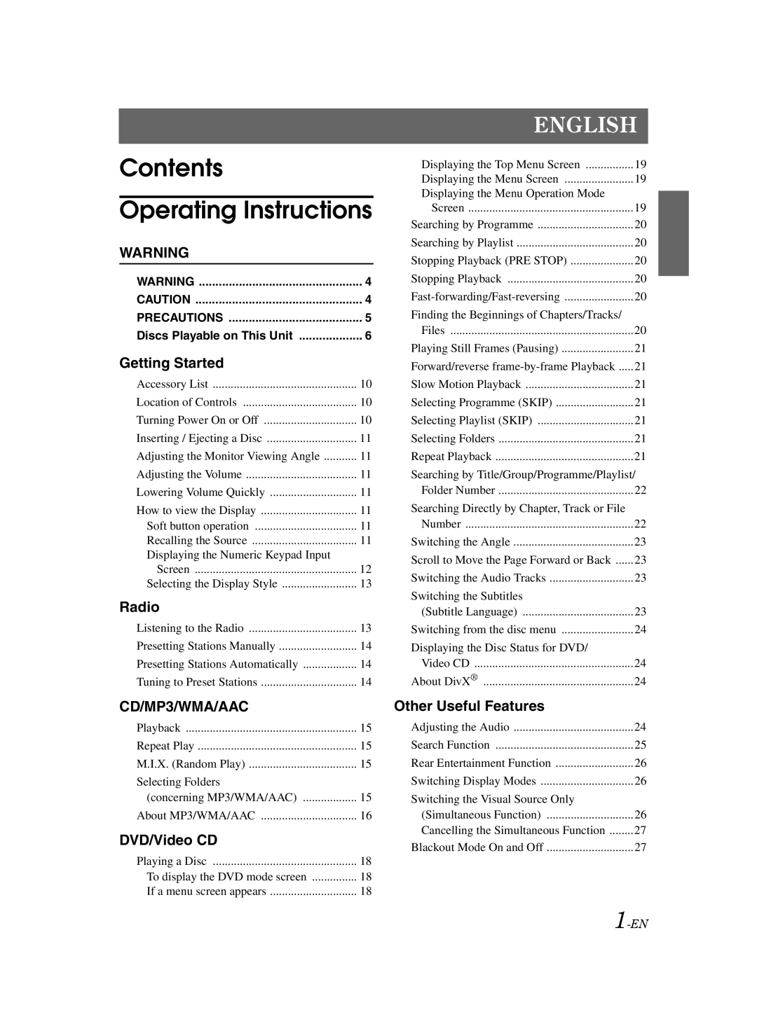 Alpine IVA-W502E owner manual Contents Operating Instructions 