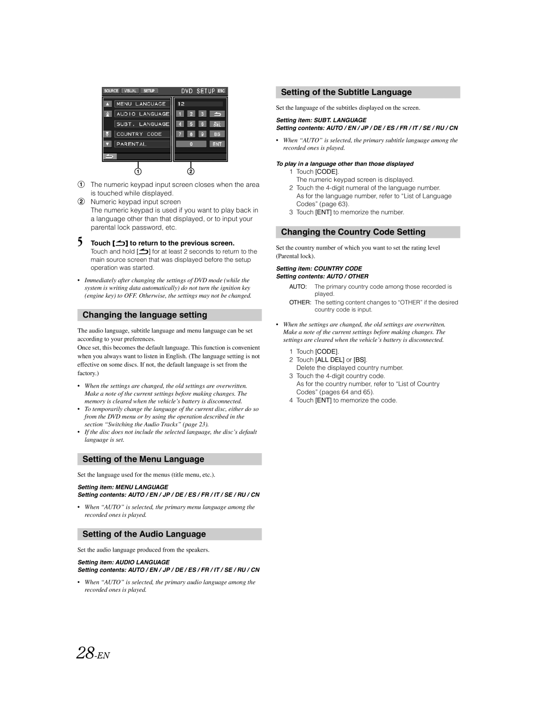 Alpine IVA-W502E owner manual Changing the language setting, Setting of the Menu Language, Setting of the Audio Language 