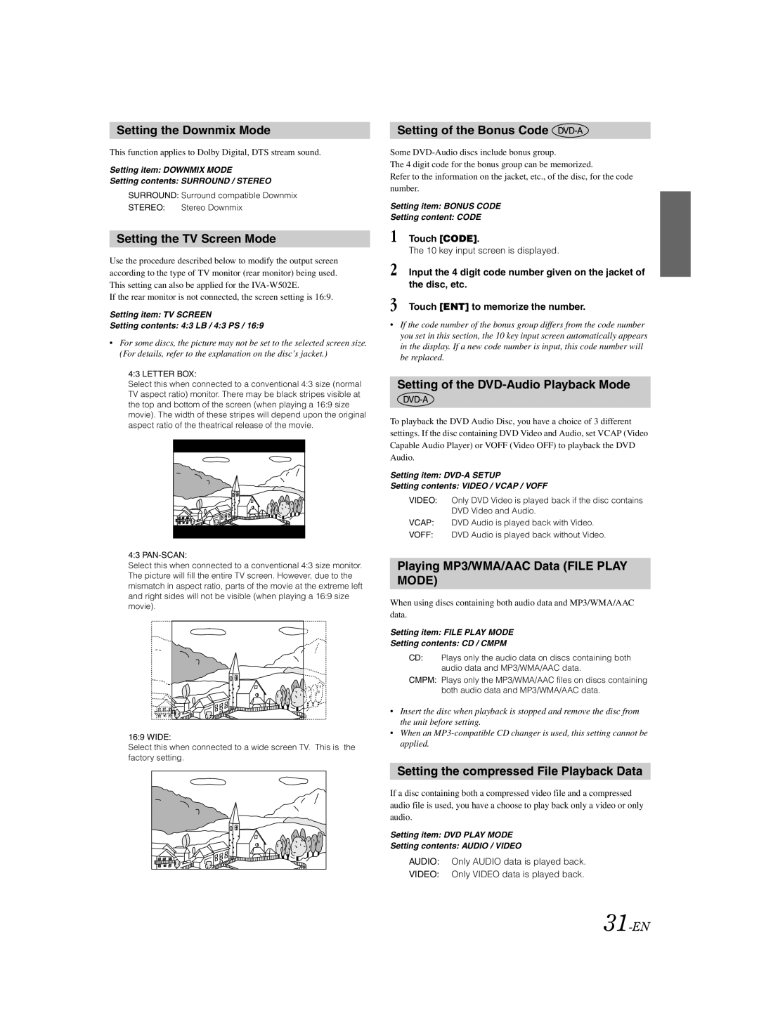 Alpine IVA-W502E owner manual Setting the Downmix Mode, Setting the TV Screen Mode, Setting of the Bonus Code 