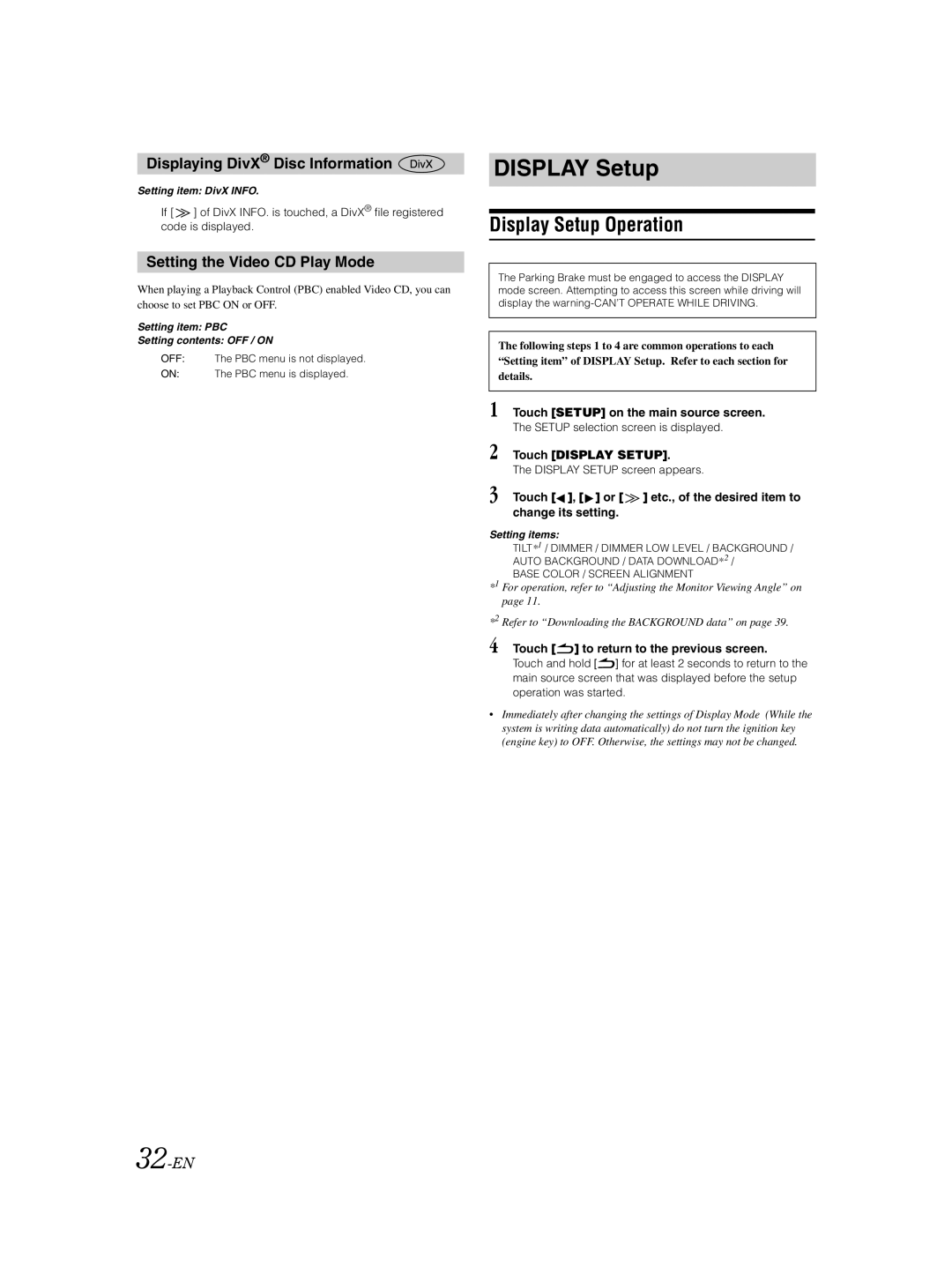 Alpine IVA-W502E Display Setup Operation, Displaying DivX Disc Information, Setting the Video CD Play Mode, 32-EN 