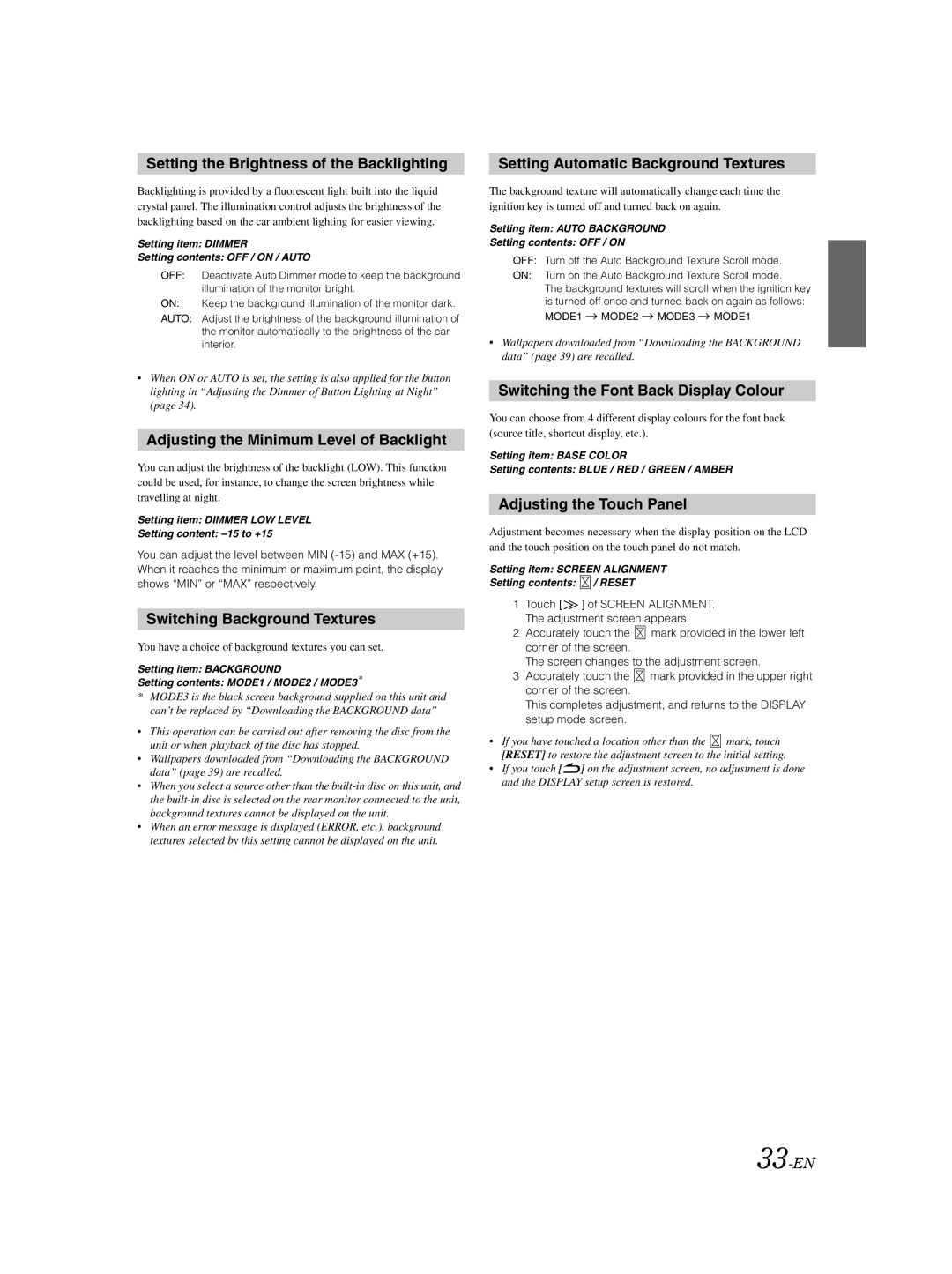 Alpine IVA-W502E owner manual Setting the Brightness of the Backlighting, Adjusting the Minimum Level of Backlight 